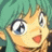 Pixelated anime-style character with teal hair and large blue eyes, mouth open in a smile, next to black background with white text.