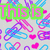 Pixelated pattern of colorful paperclips and hearts on light gray background with green text overlays reading "This is School Stationary".