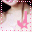 Pixelated pink and brown icon with black triangular shapes, bordered by alternating pink and white squares.