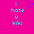 Pixelated text and a heart symbol on a bright pink background, with cyan letters spelling 'i hate u kiki' in two identical vertical