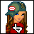 A 2x2 contact sheet of four distinct pixel-art buddy icons featuring a girl with a cap, stylized text, and a beach-themed doll character.