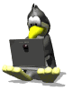 A cartoon penguin with a yellow beak and feet holds a dark gray laptop, its head turning from left to right across frames.