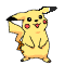 Pixelated yellow cartoon character with black-tipped ears, red cheek circles, and brown stripes on tail stands against gray background.