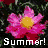 Pixelated flower with pink and magenta petals, yellow center, and dark green background, with 'Summer!' text below.