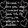 Black background with white pixelated text surrounded by six heart outlines, forming a static buddy icon.