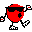 Red pixelated character with black sunglasses and a single black star on its chest, holding small white-and-red objects in both hands against gray background.