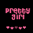 Pixelated pink text 'pretty gim' on black background with five pink hearts below, two versions showing heart position changes.