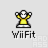 A 4x4 contact sheet of a pixelated yellow stick figure performing various poses with arms raised, labeled "WiiFit" beneath each frame on a gray background.