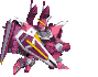 Four pixelated mecha poses in pink, purple, and silver with yellow accents against a gray background.