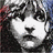 Pixelated grayscale portrait of a person with tousled hair and neutral expression, split into two sections with blue and purple background elements.