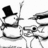 Pixelated grayscale image of a figure in top hat and suit holding drumsticks, standing beside a drum set with cymbals.