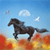 Pixelated image of a black horse in mid-gallop against a blue sky with white clouds and a fiery orange-yellow ground.