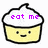 Pixelated cupcake icon with white frosting, yellow cake base, and purple text reading 'eat me' on top.