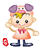 Pixelated cartoon character with purple ears, yellow hair, pink dress, and dark blue shoes stands against gray background holding red object.