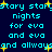 Pixelated cyan text on dark blue background with yellow starbursts, repeating 'stary stary nights for eva and eva and always' in a pattern