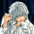 Anime-style character with silver hair and glasses covers mouth with both hands against dark blue curtain background.