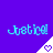 Blue background with cyan 'Justicel' text and white triangular icons containing purple hearts, arranged in two