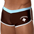 Pixelated close-up of a person's lower torso wearing dark brown briefs with light blue waistband and white trim, featuring a white star and curved line on the right leg.