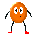 Six pixelated orange oval characters with white eyes, black limbs, and red feet in various poses against a gray background.