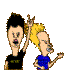 Pixelated cartoon characters with exaggerated features: one with black hair in a black shirt, another with spiky blonde hair in a blue shirt, both making hand gestures against a gray background.