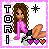 Pixelated static buddy icon featuring a cartoon girl with long brown hair, pink outfit, and butterfly prop against a light background with text "TORI" on the left.
