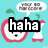 Pixelated fruit character with red outline and white interior on cyan background, displaying text overlays 'haha', 'talking', and 'fruit :]'.