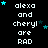 Pixelated text reads "alexa and cheryl are RAD" with cyan stars scattered on a black background, repeated in four