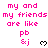 Pixelated text in pink reads 'my and my friends are like pb &j' with a black heart symbol, repeated across multiple on white background