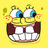 Pixelated yellow cartoon character with blue eyes and wide grin showing teeth, displayed in a
