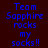 Pixelated text 'Team Sapphire rocks my socks!!' displayed across three with cyan highlight bars shifting position in an animated sequence