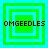 Four green square icons with cyan borders display the text 'OMGEEEDLES' in black pixelated font, each showing different nested square arrangements.