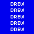 Blue background with repeated white text 'DREW' in pixelated font, three cyan horizontal bars highlighting specific