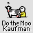 Pixel art of a cow and a person with a question mark above the cow's head, text below reads "Do the Moo Kaufman".