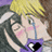 Pixelated anime-style character with blonde hair, dark side-swept bangs, and a purple outfit featuring a black circular emblem on the chest.