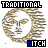 identical circular icons with a stylized face surrounded by a textured ring, each labeled 'TRADITIONAL' above and 'HITCH' below, with one icon showing a blue plus sign