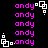 Pixelated pink text 'andy' with white square-and-dot animation elements on black background, repeated in