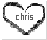 Pixelated heart outline with text 'chris' inside on white background.