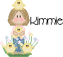 Pixel art of a girl with brown hair holding a chick, surrounded by chicks and flowers, with 'Kimmie' text.