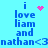Pixelated blue text on cyan background reads "i love liam and nathan<3nathan<3" with pink heart or star symbols above the first 'i' in each phrase.