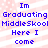 Blue pixelated text on a pink and white striped background with small white dots, repeating the phrase "Im Graduating MiddleSkool Here I come" in two identical vertical