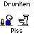 Animated contact sheet of a pixel art icon showing a drunk character urinating into a toilet with yellow spray effects, repeated across 17 frames in a 5x4 grid layout on gray background.