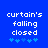 Blue background with white pixelated text reading 'curtain's falling closed' and five light blue asterisk-like symbols below, showing two distinct animation states.