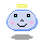Pixelated character with light blue body, yellow halo, black square eyes, pink cheeks, and smiling mouth in four variations showing different shadow positions.