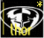 Animated icon shows a stylized white face with black background, yellow vertical bars on left, and yellow asterisk in top-right corner; text below the face changes from 'thor' to '#thor' across frames.