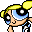 Pixelated cartoon character with blonde hair, blue eyes, and a black outfit against gray background.