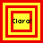 Four square display a yellow and red layered border with "Clara!" text in black pixelated font, each showing different layering of the borders