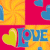 A 50x50 pixel animated buddy icon featuring a contact sheet of two frames with heart symbols, the word "LOVE," and a website URL on a dark green background.