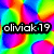 A vibrant, pixelated rainbow gradient background with three text elements: 'oliviak19', 'says', and 'hi' displayed in black-outlined white font.