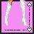 Pixel art of a character in white outfit with black accents, showing legs, torso, and head against pink background with heart borders