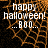 Halloween-themed buddy icon with orange spiderweb background and white text reading 'happy halloween! ...BOO...' in pixelated font.